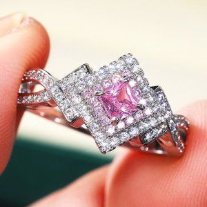 💍Beautiful Silver Pure Pink Double Layer Weave Princess Cut CZ Ring, K832